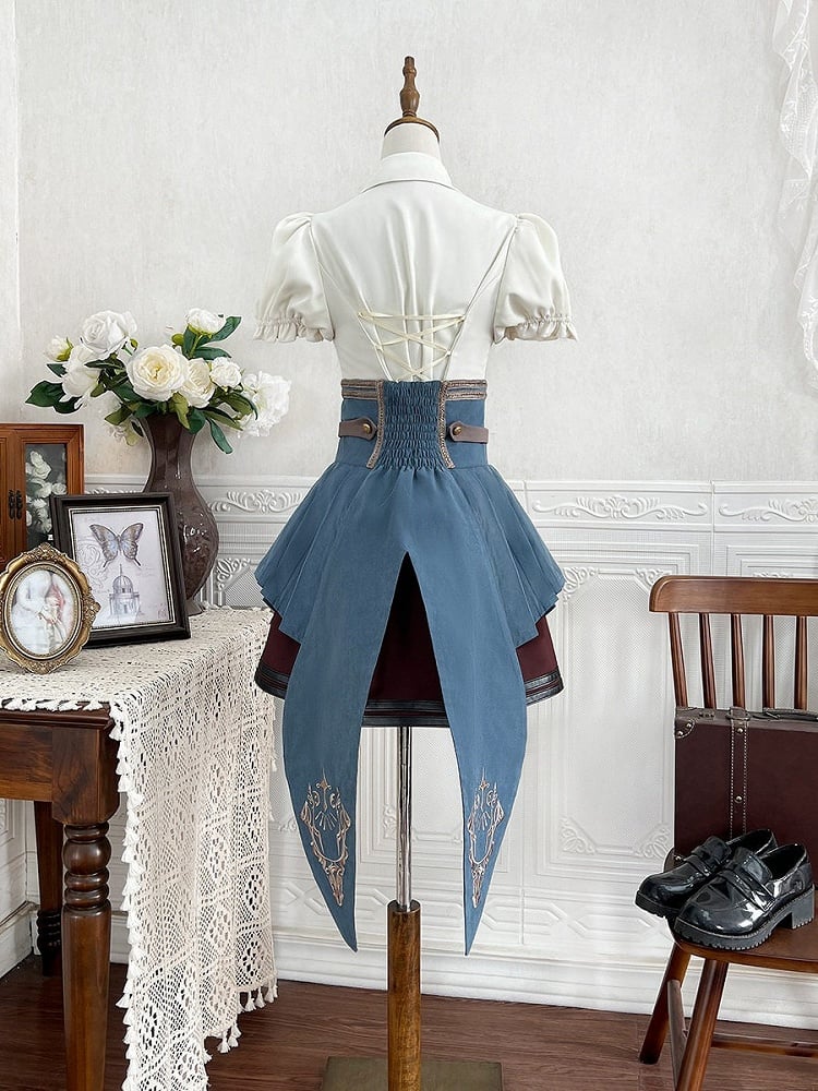 Ouji Style Three-Piece Set Short Sleeve Shirt Ruffle Skirt Tail Train Corset Belt - Xiong Dou Jiang