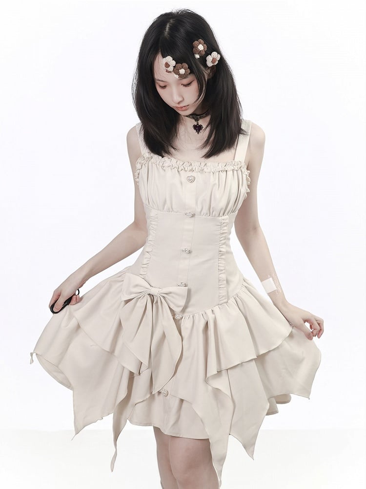 Off-White Asymmetric Cami Dress with Ruffle & Bow - PINK SAVIOR