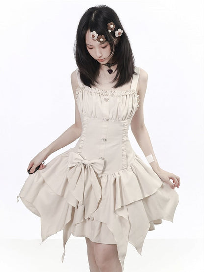 Off-White Asymmetric Cami Dress with Ruffle & Bow - PINK SAVIOR