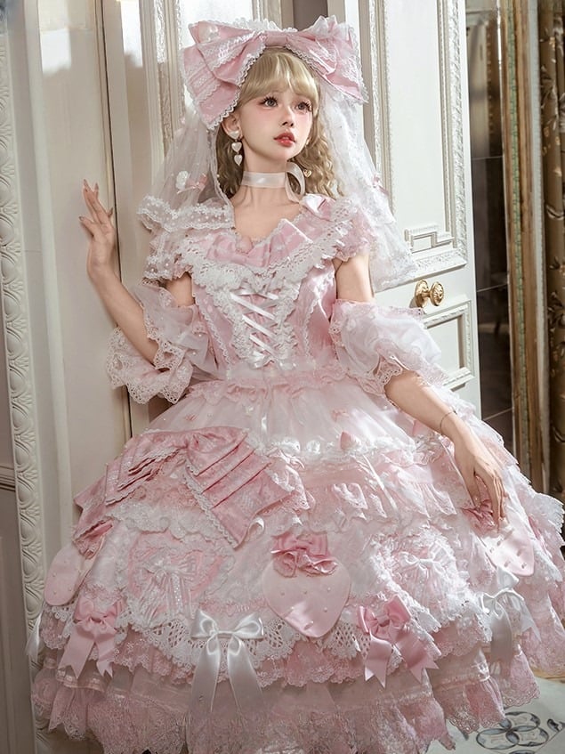 Layered with Lolita Bow Accents Sweet Dress and Ruffles Pink Lace
