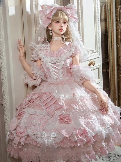 Layered with Lolita Bow Accents Sweet Dress and Ruffles Pink Lace