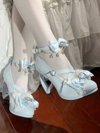 Lolita Hime High-heel Blue Lace Bow Trimmed Shoes -