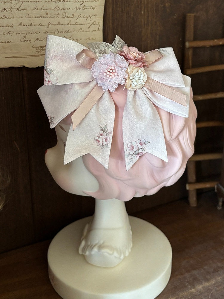 Delicate Pink Floral Bow Hairpin with Lace Detail