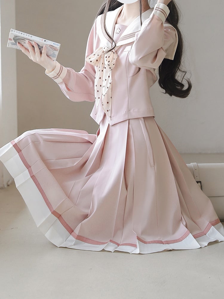 Long Sailor Uniform with Sweet Sleeve JK Beige Blouse Sakura Collar and Pink Embroidery