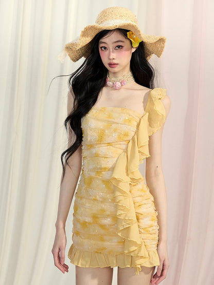 Yellow Sequins Mini Cascading Bodycon Ruffle Trim Ruched Design Glamorous Dress