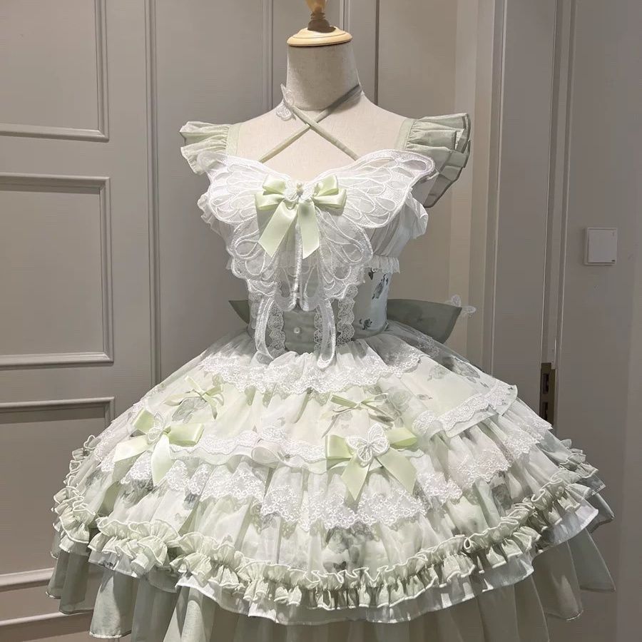 Lolita White Green Butterfly JSK Short Dress – Fairy Princess Birthday Gown