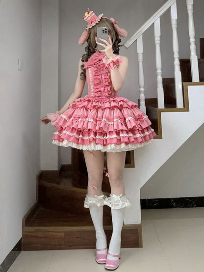 Süßes Schleifenkleid mit Rüschenakzenten, Lolita, rosa, gestufter Neckholder, Rosenhalsrock, Idol