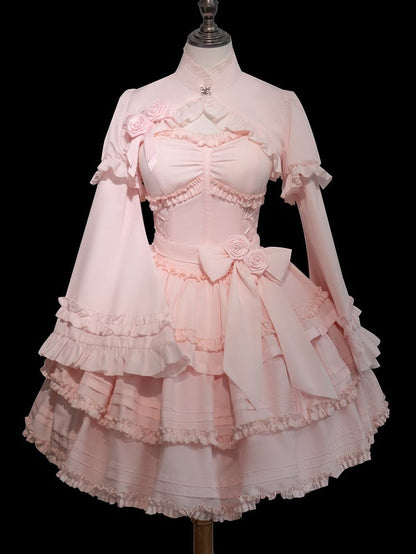 with Ruffle Sleeves Accents Flower Boned Drawstring Pink + Dress Set Bolero Lolita Layered JSK Top