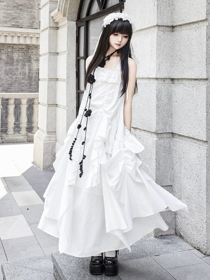+ ドローストリングデザインのネックレス ホワイトゴスフリル ルーズスカーフドレス カスケード
