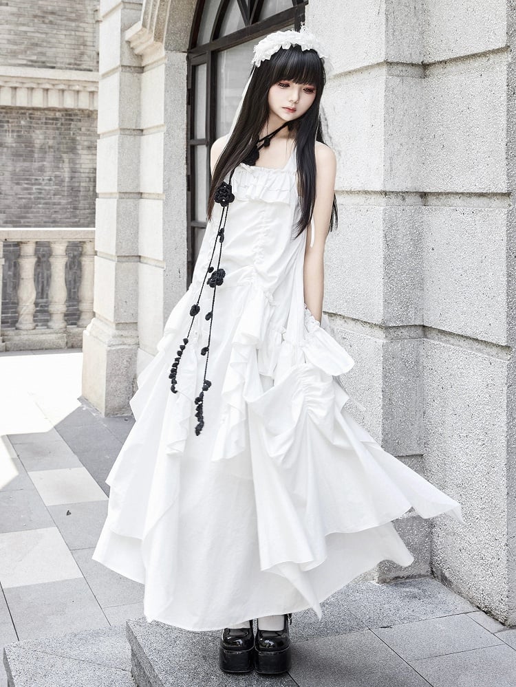 Dress Loose White Goth Ruffles Design Drawstring Cascading