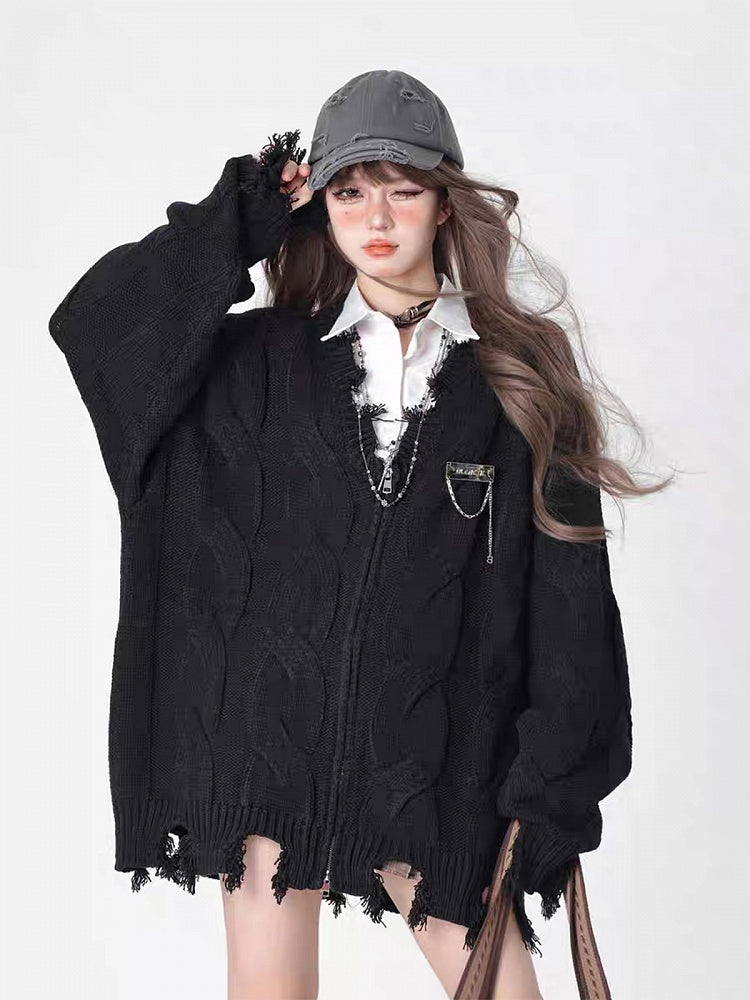 Cardigan Edgy Black Academiacore Zip-Up Knit