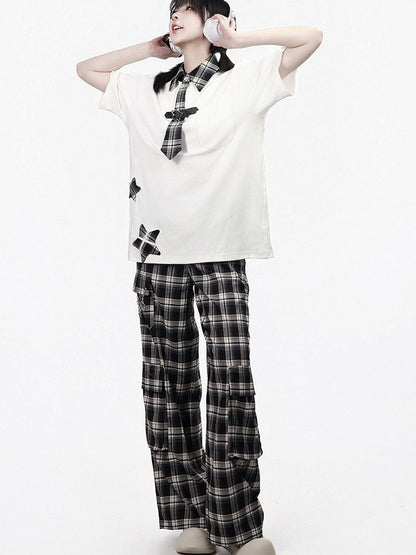 Black & White Plaid Ruffle Pants - PINK SAVIOR