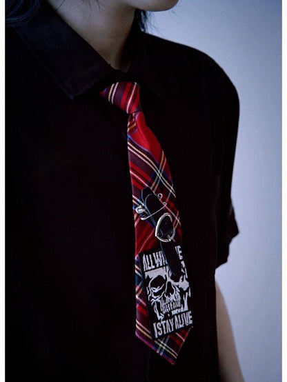 Punk Plaid Necktie with Heart Embellishments