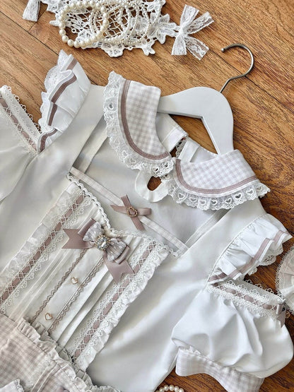 Maid Style Pink & White Landmine Cutout Shoulder Short Sleeve Top with Detachable Apron Skirt - Shi Zhai Xin