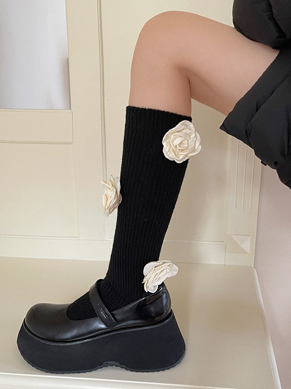 白い椿の花が咲いた赤いスイートカーフソックス