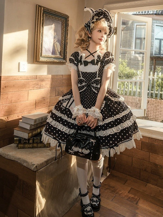 Quadratisches Kleid mit Häschen und Punkten, süßes Lolita-Muster, Ausschnitt, schwarze Ohren