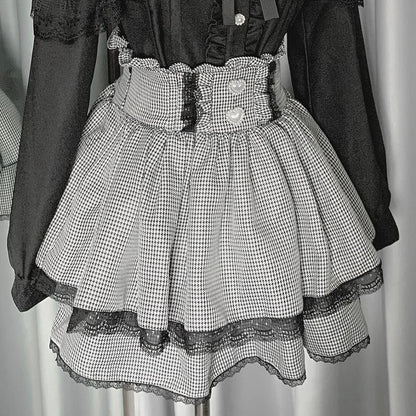 スカートティアードジライディテールケイ衣装 - ブラックホワイトチェック柄 + レッドプリーツシャツ