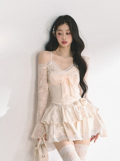 ショルダーアプリコットVネックカットアウトビッグボウフロントトップ