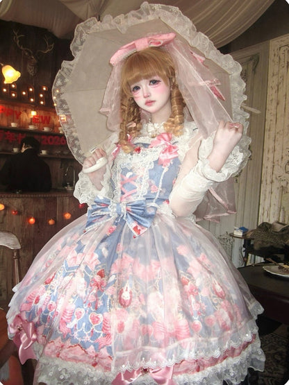 Sweet Blue Lolita JSK Dress with Strawberry Print, Bow and Lace Accents - PG Lullaby