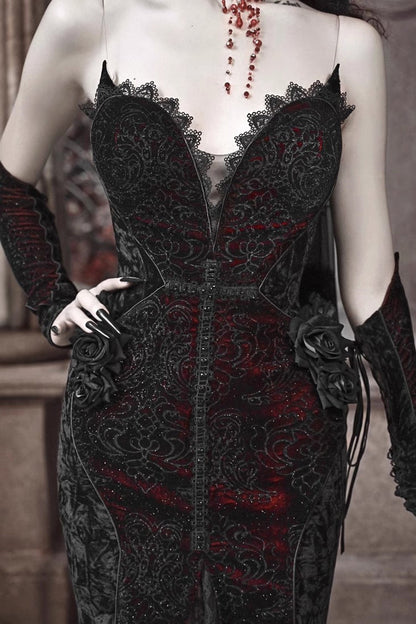 Black and Red Sleeveless High-Waisted Ruffle Lace Gothic Fishtail Dress