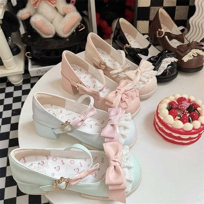 Low-heel/Mid-heel Accents Sweet Delicate Bow Lace Mary Pink Lolita Shoes in Jane
