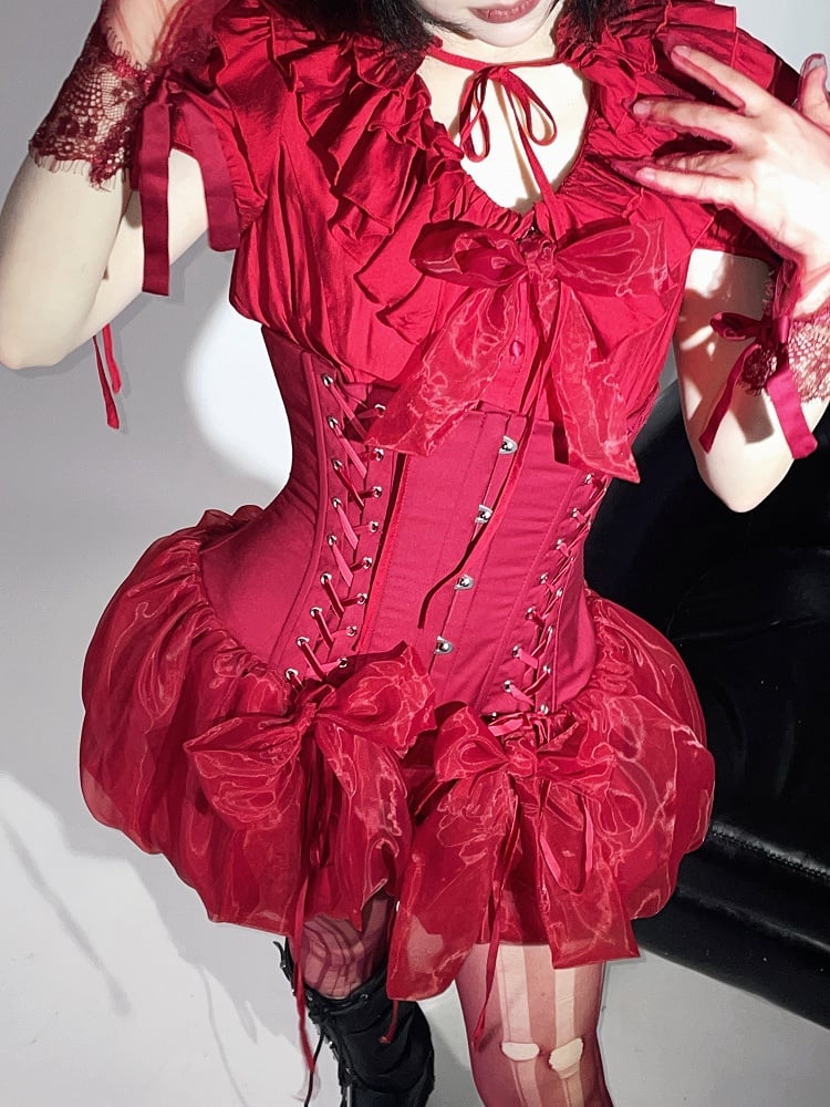 Waist Lolita Blouse Layered Ruffles Gothic Smocked Neckline Red with Elastic