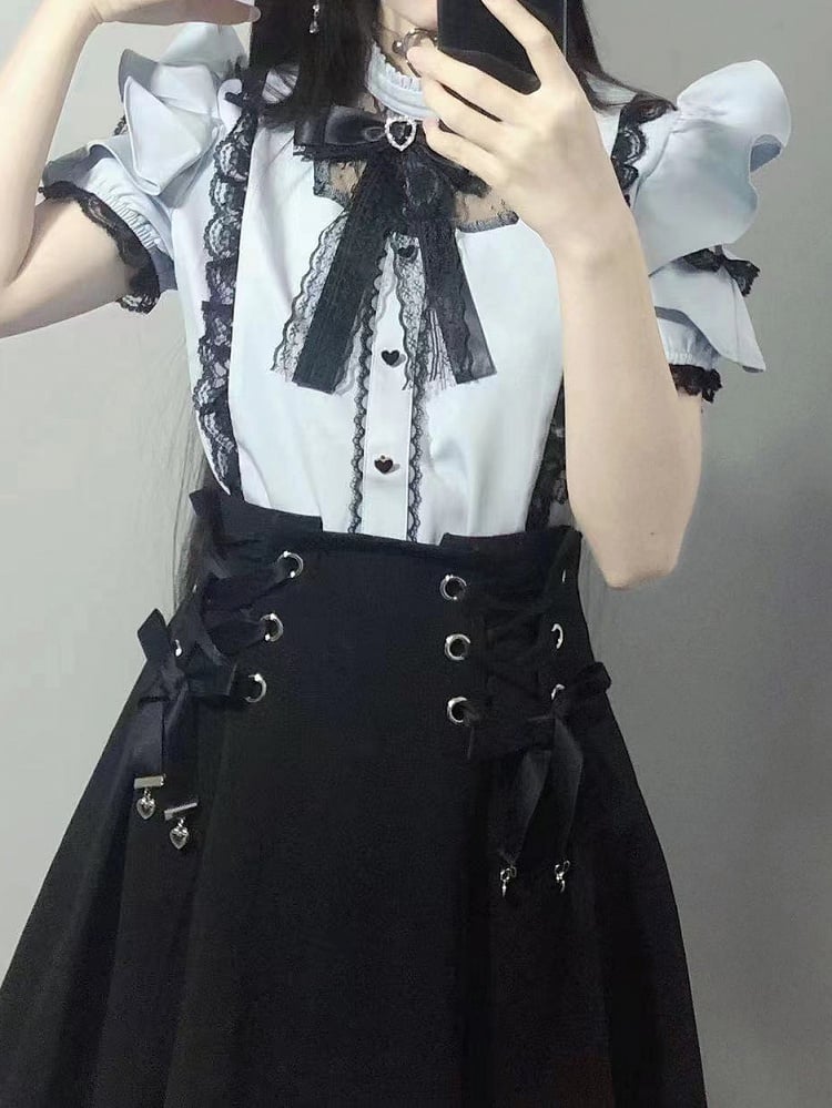 Jirai Kei Illusion Neckline Light Trim Flounce with Blouse Lace Flutter Sleeves  Black Blue