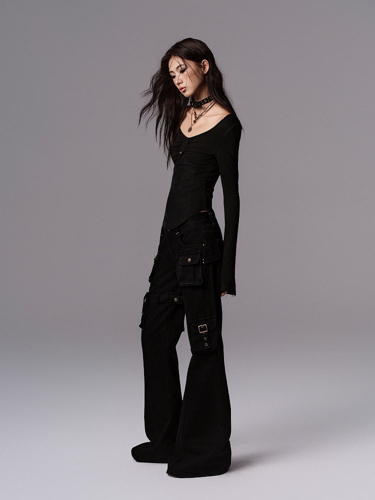 Pants - Vintage Silhouette Cargo Flare Pocket Detachable Black