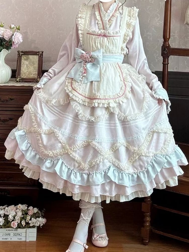 Hanfu-Inspired Lolita Top Set with Long Ruffle Skirt & Apron in Pink Blue - Berry Story Lolita