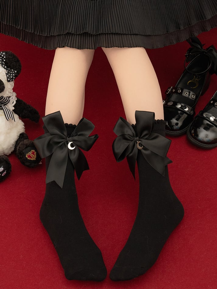 Schwarz-weiße Halbmond-Charms Bownkot Lolita Socken