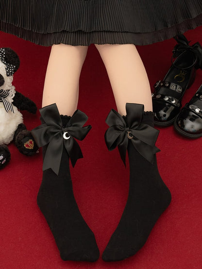 Schwarz-weiße Halbmond-Charms Bownkot Lolita Socken