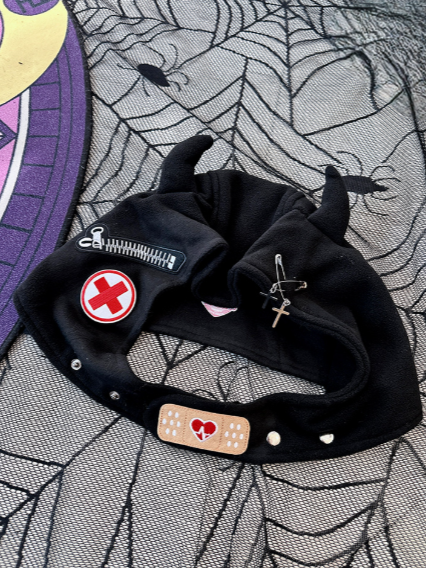 Horn with Demon Hat Embroidery Y2K Black Zipper Edgy Earflap