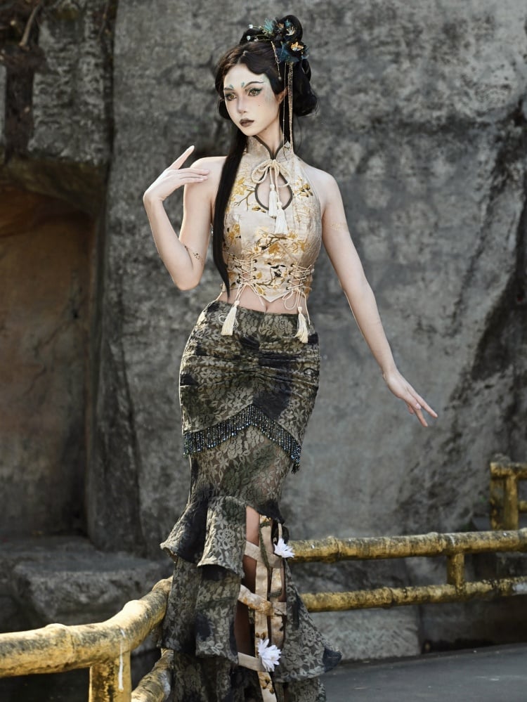 チャイナドレス ホルターネック シノワズリ クロップドトップ