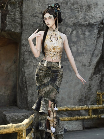 チャイナドレス ホルターネック シノワズリ クロップドトップ