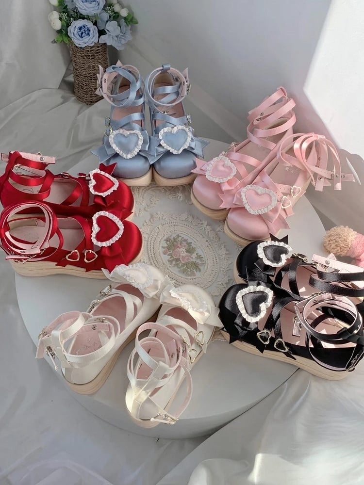 Mary Detachable Platform Lolita Sweet Satin 6.5cm Woodgrain with Sole Bow Pink Janes - Heart