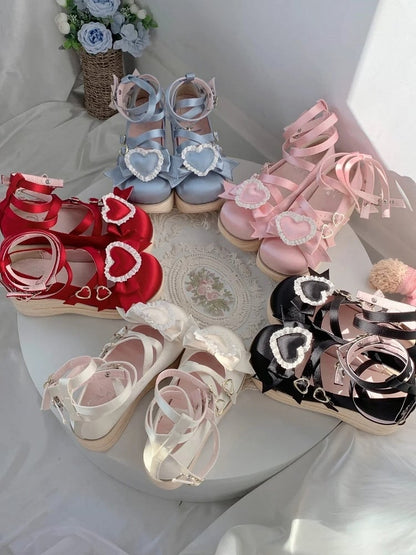 Mary Detachable Platform Lolita Sweet Satin 6.5cm Woodgrain with Sole Bow Pink Janes - Heart