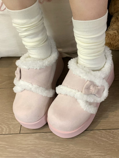 Bow Platform Lolita Accents Plush with Sweet Lining Shoes Pink