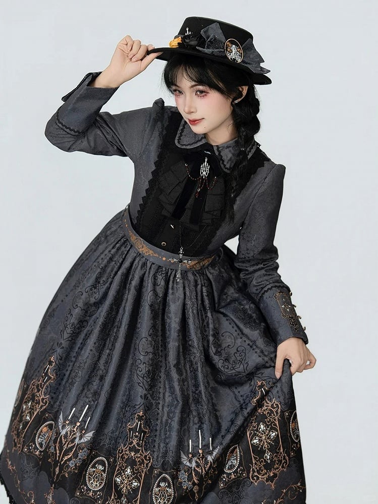 Dress Wings Lolita Collar Long Gothic with Peter Gray Bat Candelabras Sleeves Print Pan