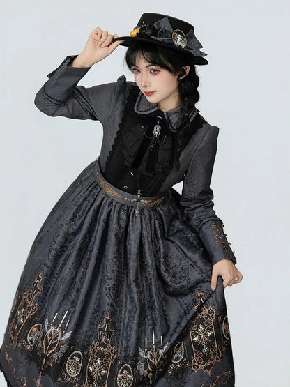 Dress Wings Lolita Collar Long Gothic with Peter Gray Bat Candelabras Sleeves Print Pan
