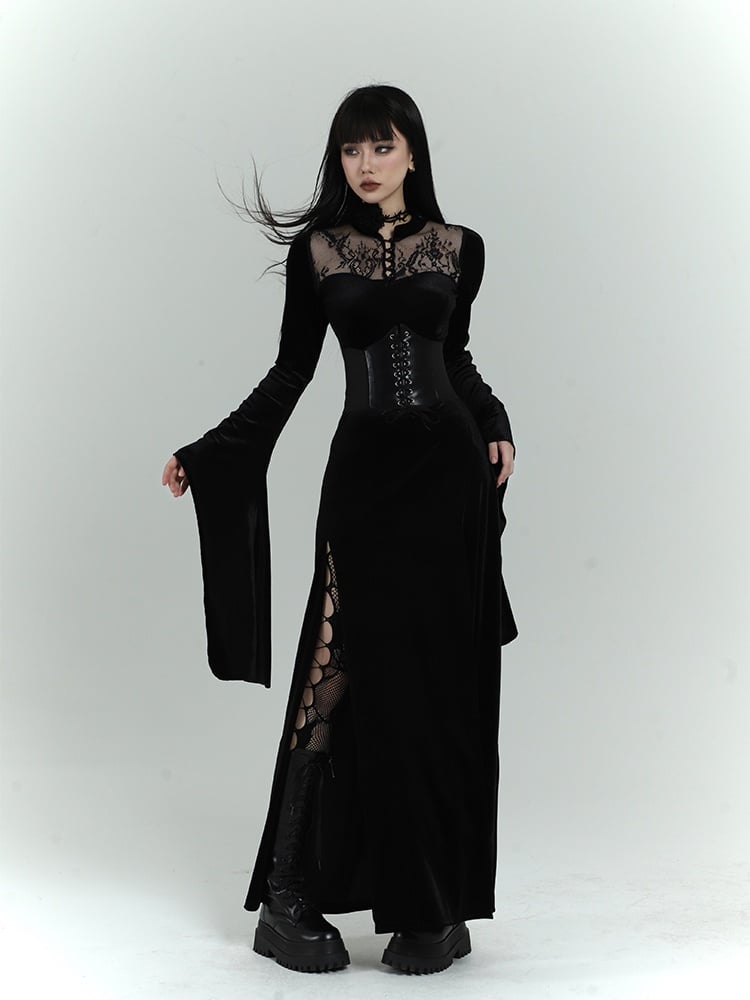 Gothic Black Velvet Contrast Lace Patches Bell Sleeves Side Slit Dress