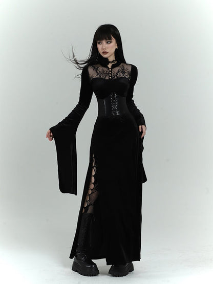 Gothic Black Velvet Contrast Lace Patches Bell Sleeves Side Slit Dress