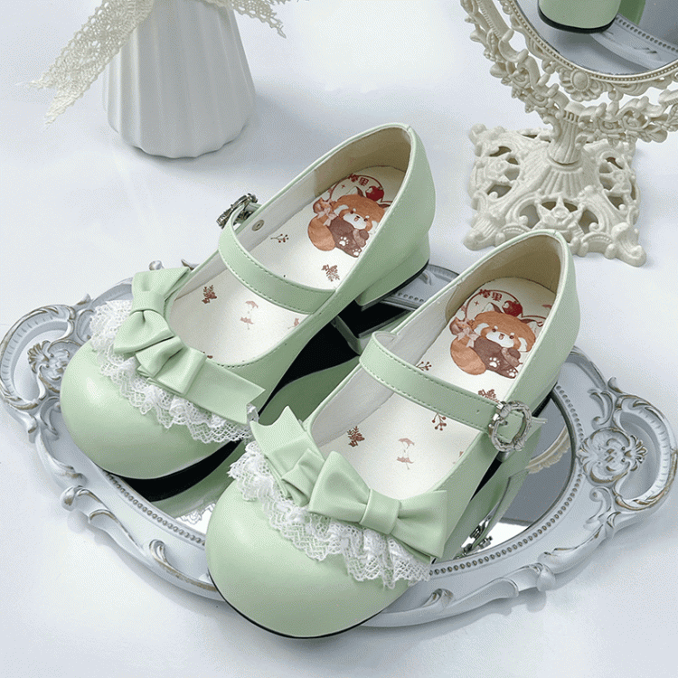 Lace Top Green Trim Grass Low-heel Jane Round Shoes with PU Toe Mary Bow in at Sweet