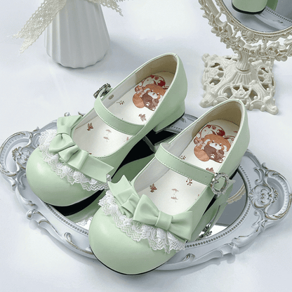 Lace Top Green Trim Grass Low-heel Jane Round Shoes with PU Toe Mary Bow in at Sweet