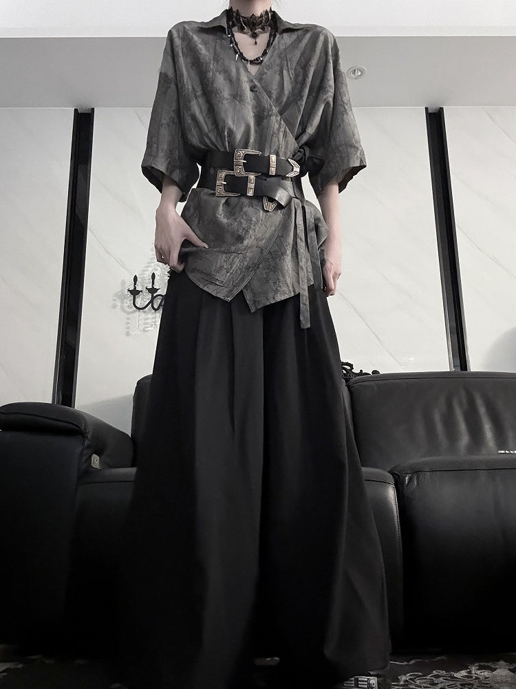 Shirt Plum Short Style Blossom Cheongsam Self-tie Print Belt Sleeve with