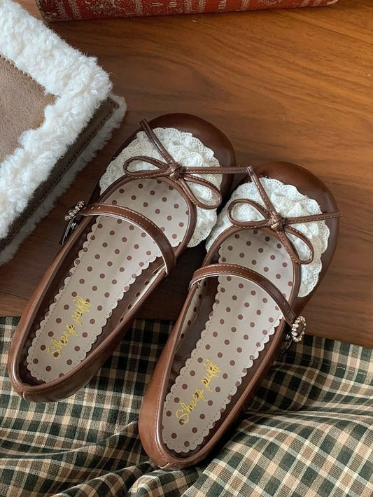 Schleife Trim Toe Brown Heels Mary Janes Runde Spitze Akzent 2,2 CM Dunkel Geknotet