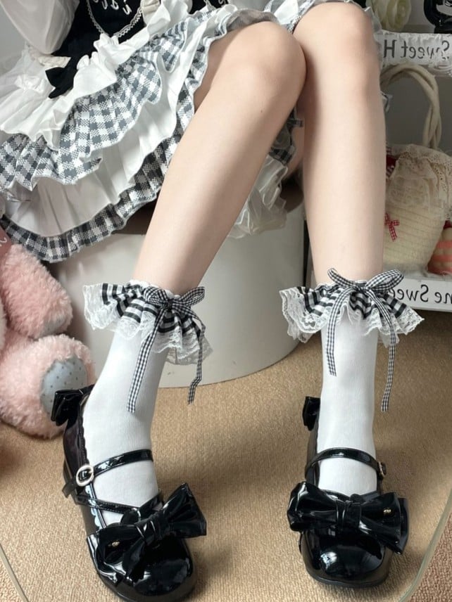 Options Socks Cuff White Ruffled Black 2 Pattern Plaid
