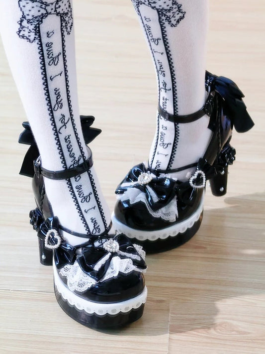 Bow Front - Lace Sparkling Lolita Sweet PU Edging Heels Black High in Heel Block Architectural with