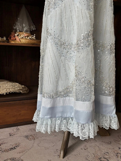 Blue Empire Waist Flutter Sleeves Sequins Bead Dress - Iris fleur