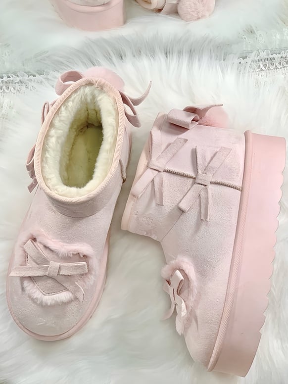 Boots Pompom Decor with Sweet Embroidery Heart Patches Pink Snow Lolita Platform - Donut
