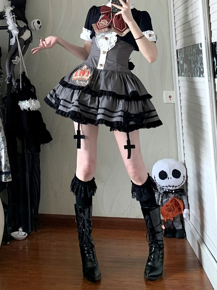 Monochrome Preppy Striped Two-Piece Gown with Crown Embroidery - Fairy Faith